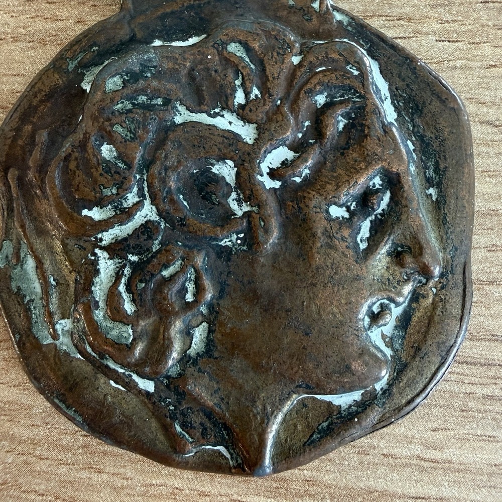 VTG Greek Medallion Apollo Brass Verdigris Bottle Opener Made in Greece Mythical - Picture 2 of 7